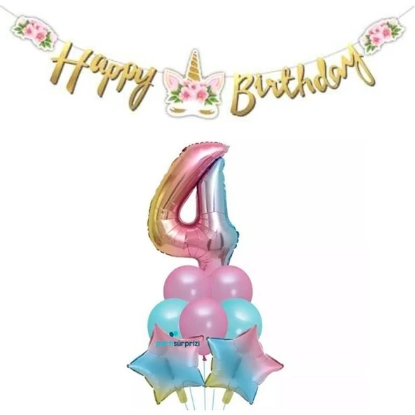 Parti Sürprizi Çiçekli Unicorn 4 Yaş Gökkuşağı Balon Set ürün görseli 1