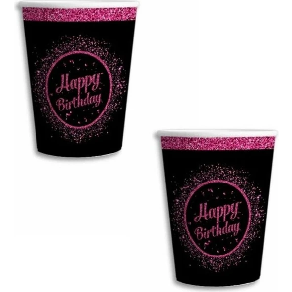 Parti Sürprizi Pembe Siyah Happy Birthday Karton Bardak 8 Adet ürün görseli 1