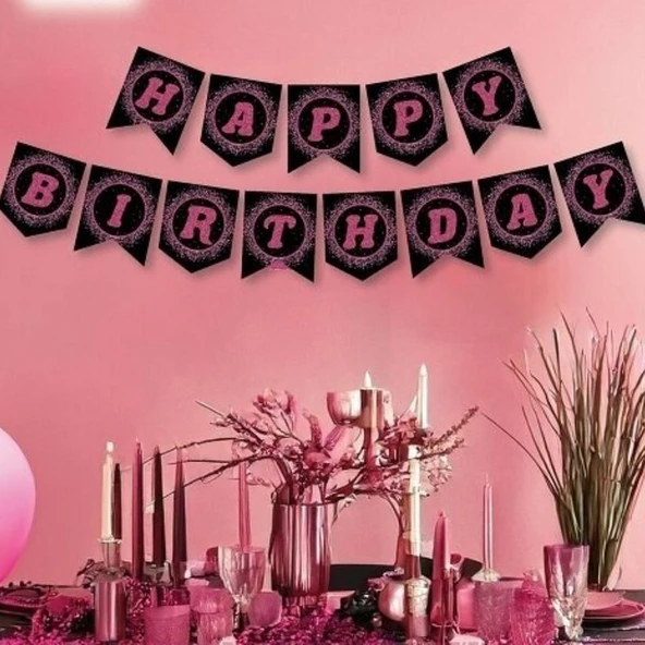 Parti Sürprizi Pembe Siyah Happy Birthday Banner Afiş ürün görseli 1