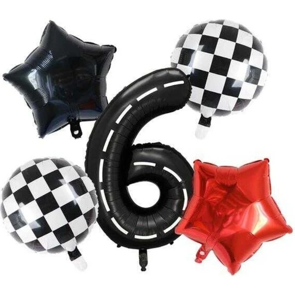 Parti Sürprizi Siyah Yarış Pisti Damalı 6 Yaş Folyo Balon Set ürün görseli 1