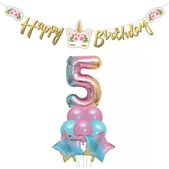 Parti Sürprizi Çiçekli Unicorn 5 Yaş Gökkuşağı Balon Set ürün görseli 1