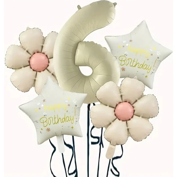 Parti Sürprizi Krem Papatya 6 Yaş Happy Birthday Yıldız Rakam Folyo Balon Set ürün görseli 1