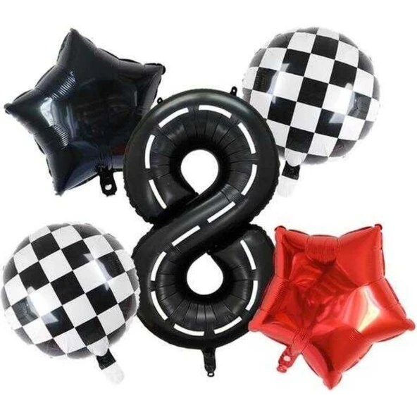 Parti Sürprizi Siyah Yarış Pisti Damalı 8 Yaş Folyo Balon Set ürün görseli 1