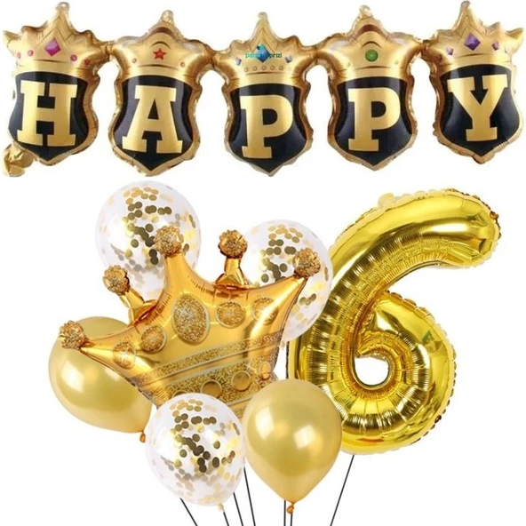 Parti Sürprizi Happy Yazılı Gold Konfetili 6 Yaş Rakam Balon Set ürün görseli 1