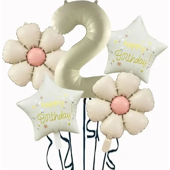 Parti Sürprizi Krem Papatya 2 Yaş Happy Birthday Yıldız Rakam Folyo Balon Set ürün görseli 1
