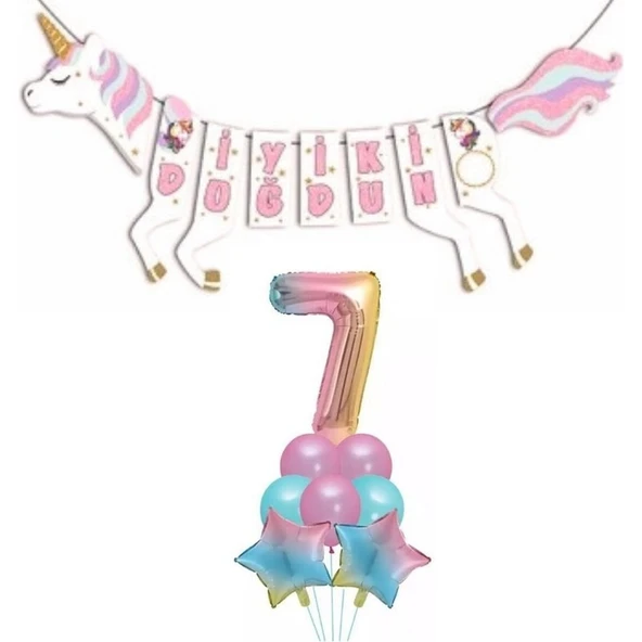 Parti Sürprizi Şekilli Unicorn 7 Yaş Iyi Ki Doğdun Gökkuşağı Balonlu Set ürün görseli 1