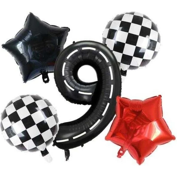 Parti Sürprizi Siyah Yarış Pisti Damalı 9 Yaş Folyo Balon Set ürün görseli 1