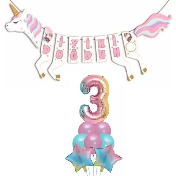 Parti Sürprizi Şekilli Unicorn 3 Yaş Iyi Ki Doğdun Gökkuşağı Balonlu Set ürün görseli 1