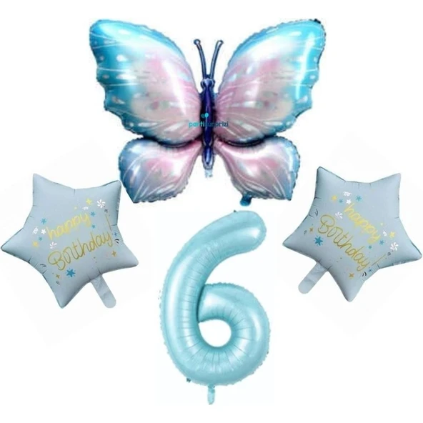 Parti Sürprizi Mavi Kelebekli Happy Birthday 6 Yaş Folyo Balon Set ürün görseli 1