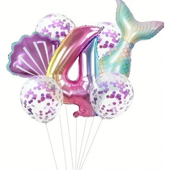 Parti Sürprizi Deniz Kızı Kuyruğu Mor Konfetili 4 Yaş Folyo Balon Set ürün görseli 1