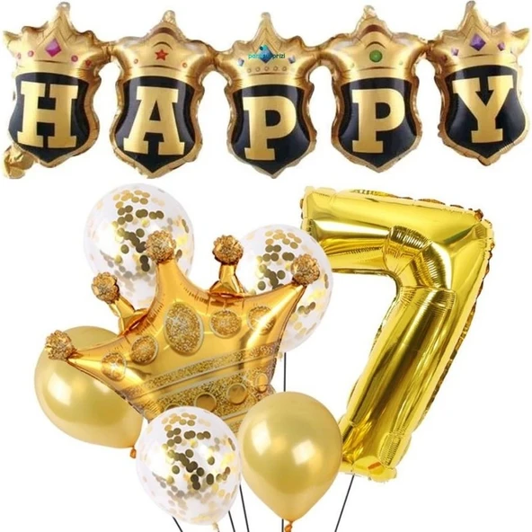 Parti Sürprizi Happy Yazılı Gold Konfetili 7 Yaş Rakam Balon Set ürün görseli 1
