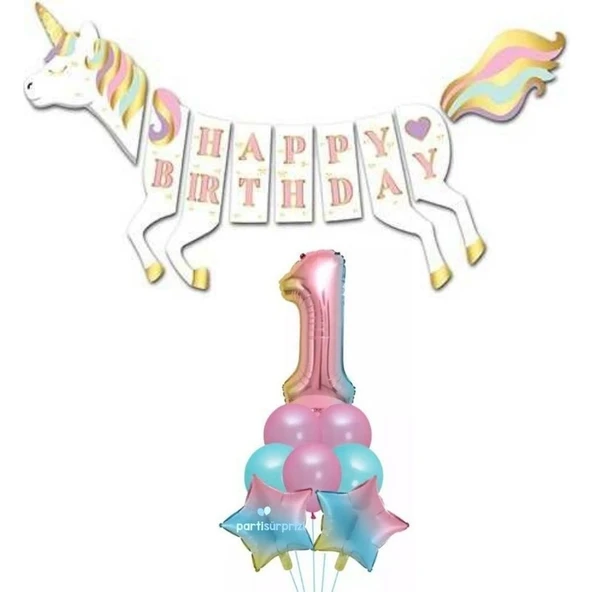 Parti Sürprizi Unicorn 1 Yaş Happy Birthday Gökkuşağı ürün görseli 1