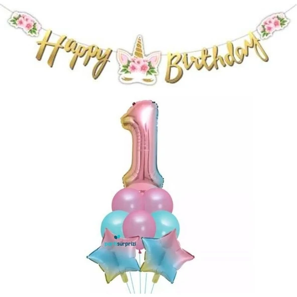 Parti Sürprizi Çiçekli Unicorn 1 Yaş Gökkuşağı Balon Set ürün görseli 1