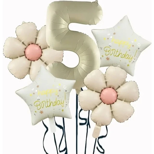 Parti Sürprizi Krem Papatya 5 Yaş Happy Birthday Yıldız Rakam Folyo Balon Set ürün görseli 1