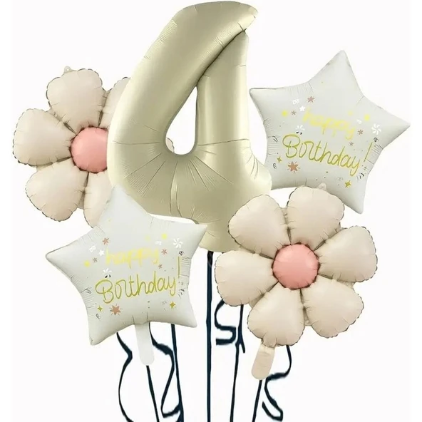 Parti Sürprizi Krem Papatya 4 Yaş Happy Birthday Yıldız Rakam Folyo Balon Set ürün görseli 1