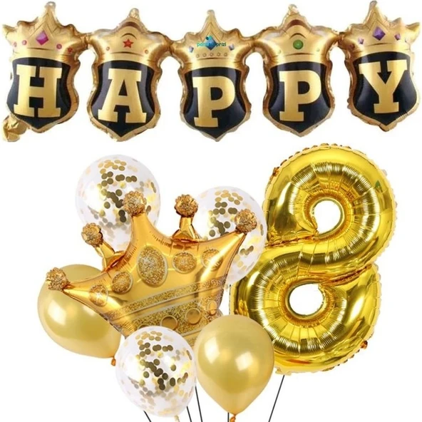 Parti Sürprizi Happy Yazılı Gold Konfetili 8 Yaş Rakam Balon Set ürün görseli 1