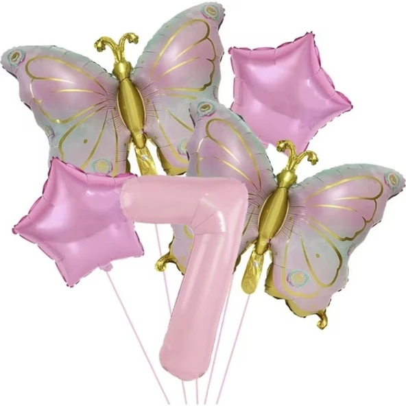 Parti Sürprizi Gold Kelebekli Pembe 7 Yaş Rakam Balon Set ürün görseli 1