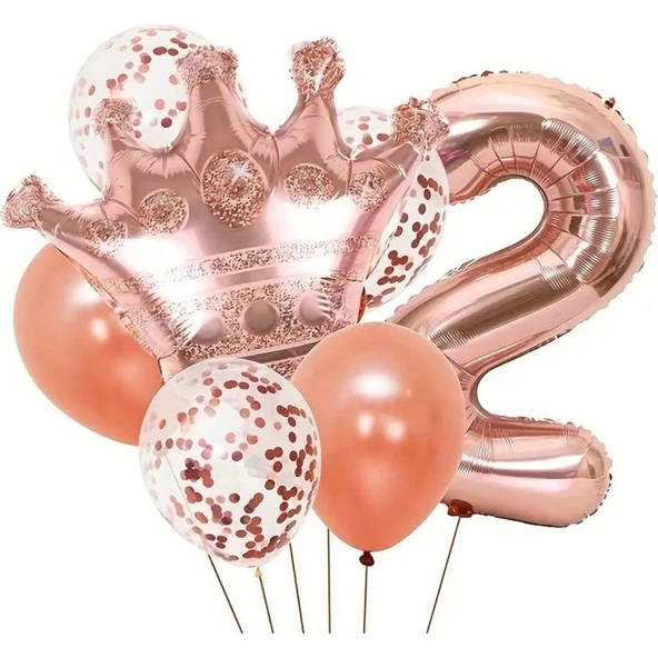 Parti Sürprizi Rose Gold Taçlı 2 Rakam Balon Set ürün görseli 1