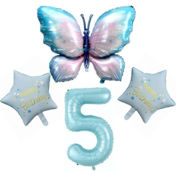 Parti Sürprizi Mavi Kelebekli Happy Birthday 5 Yaş Folyo Balon Set ürün görseli 1
