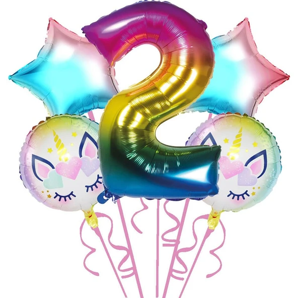 Parti Sürprizi Gökkuşağı Unicorn 2 Yaş Folyo Balon 5 Li Set ürün görseli 1