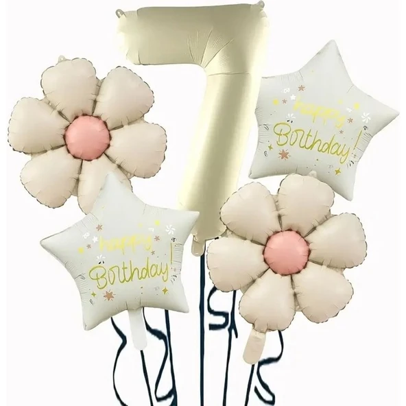 Parti Sürprizi Krem Papatya 7 Yaş Happy Birthday Yıldız Rakam Folyo Balon Set ürün görseli 1