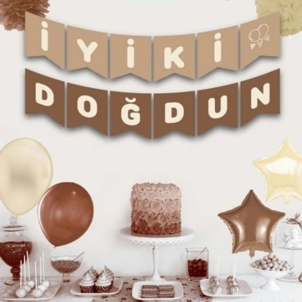 Parti Sürprizi Iyi Ki Doğdun Krem Kahverengi Banner ürün görseli 1