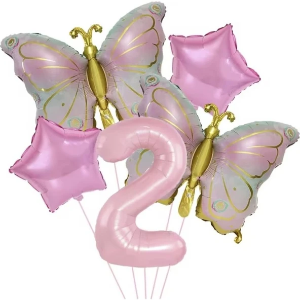 Parti Sürprizi Gold Kelebekli Pembe 2 Yaş Rakam Balon Set ürün görseli 1