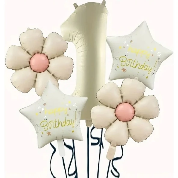 Parti Sürprizi Krem Papatya 1 Yaş Happy Birthday Yıldız Rakam Folyo Balon Set ürün görseli 1