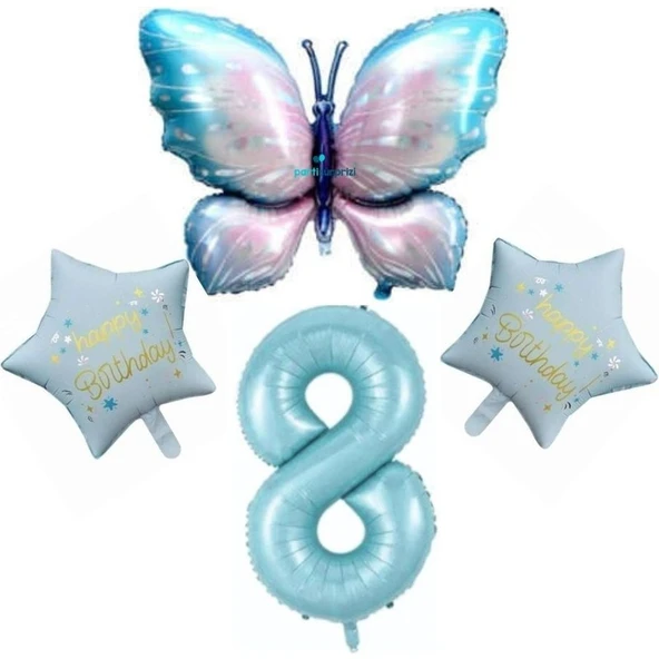 Parti Sürprizi Mavi Kelebekli Happy Birthday 8 Yaş Folyo Balon Set ürün görseli 1