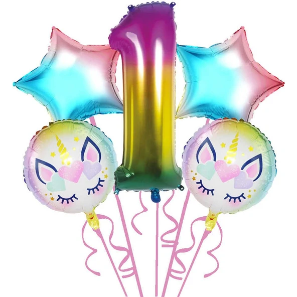 Parti Sürprizi Gökkuşağı Unicorn 1 Yaş Folyo Balon 5 Li Set ürün görseli 1