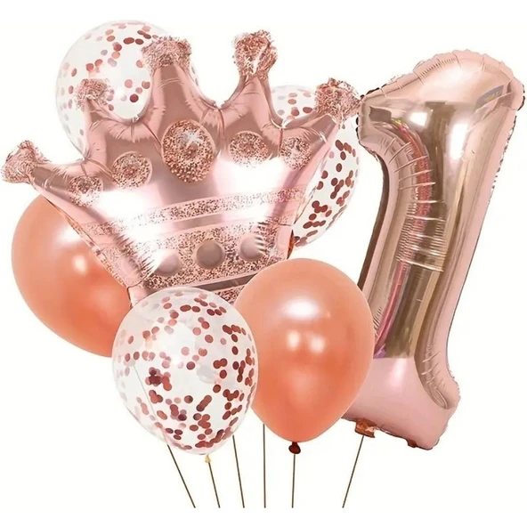 Parti Sürprizi Rose Gold Taçlı 1 Rakam Balon Set ürün görseli 1