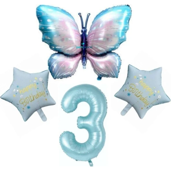 Parti Sürprizi Mavi Kelebekli Happy Birthday 3 Yaş Folyo Balon Set ürün görseli 1