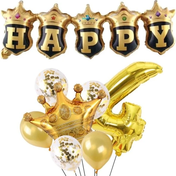 Parti Sürprizi Happy Yazılı Gold Konfetili 4 Yaş Rakam Balon Set ürün görseli 1
