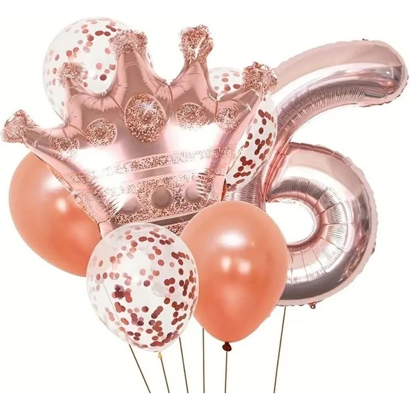 Parti Sürprizi Rose Gold Taçlı 6 Rakam Balon Set ürün görseli 1