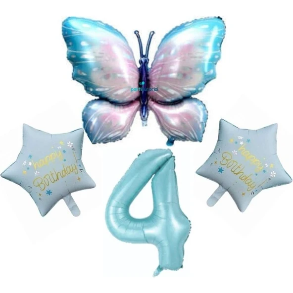 Parti Sürprizi Mavi Kelebekli Happy Birthday 4 Yaş Folyo Balon Set ürün görseli 1