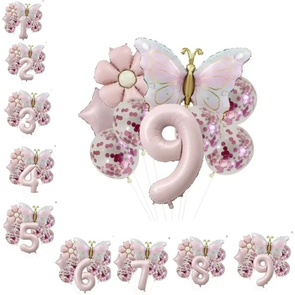 Parti Sürprizi Gold Kelebek Papatyalı 9 Yaş Folyo Balon Set ürün görseli 1