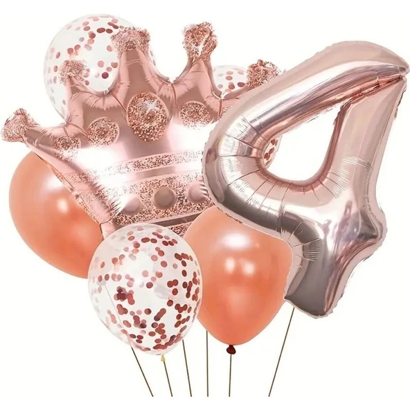 Parti Sürprizi Rose Gold Taçlı 4 Rakam Balon Set ürün görseli 1