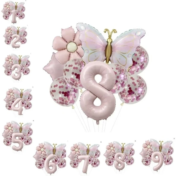 Parti Sürprizi Gold Kelebek Papatyalı 8 Yaş Folyo Balon Set ürün görseli 1