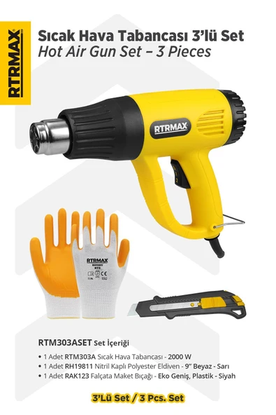 RTM303ASET Sıcak Hava Tabancası 2000 W 3'lü Set - Eldiven-Falçata Maket Bıçağı ürün görseli 1