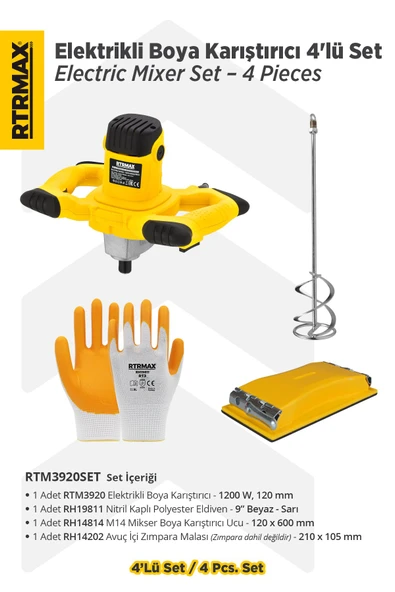 RTM3920SET Elektrikli Boya Karıştırıcı 4'lü Set - Eldiven-Boya Karıştırıcı Ucu-Zımpara Malası ürün görseli 1