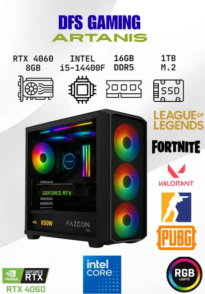 DFS Gaming ARTANIS INTEL i5 14400F-H610M-RTX 4060-16GB DDR5 RAM-1TB M.2 SSD-OYUNCU BİLGİSAYARI ürün görseli 1