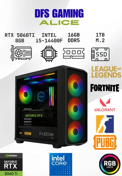 DFS Gaming ALICE INTEL i5 14400F-H610M-RTX 5060 TI 8GB-16GB DDR5 RAM-1TB M.2 SSD-OYUNCU BİLGİSAYARI ürün görseli 1