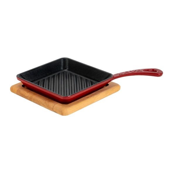 Lava Döküm Mini Kare Izgara Tava Kayın Ahşap Altlıklı Döküm Demir Yekpare Saplı Ölçü 16x16cm.-Bordo ürün görseli 1