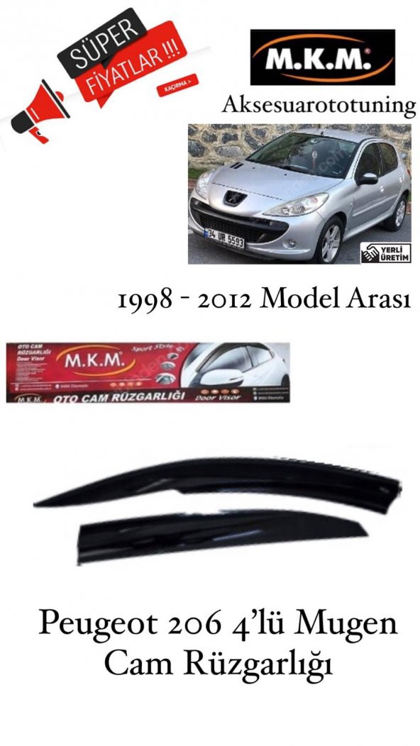 PEUGEOT 206 1998 - 2012 MODEL 4LÜ MUGEN CAM RÜZGARLIĞI ürün görseli 1