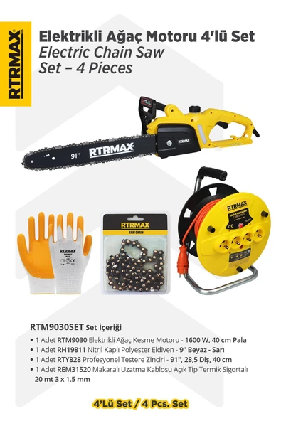RTM9030SET Elektrikli Ağaç Kesme Motoru 4'lü Set -Eldiven-Testere Zinciri-Makaralı Uzatma Kablosu ürün görseli 1