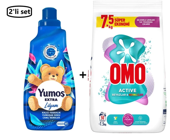 Yumoş Extra Lilyum 1440 ml Yumuşatıcı + Omo Active Beyazlar ve Renkliler Toz Çamaşır Deterjanı 7.5 Kg--(2'li Set) ürün görseli 1