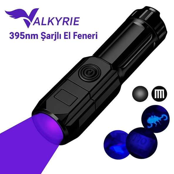 Valkyrie 395nm UV Mor Işık Şarjlı El Feneri – 1200mAh Batarya, Type-C Şarj, Hafif ve Güçlü Tasarım ürün görseli 1