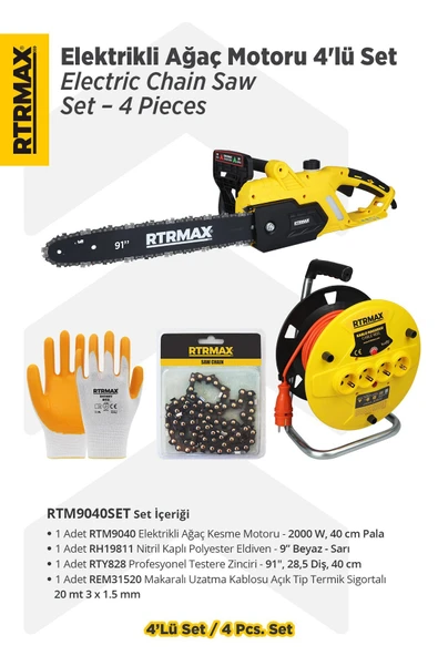 RTM9040SET Elektrikli Ağaç Kesme Motoru 4'lü Set -Eldiven-Testere Zinciri-Makaralı Uzatma Kablosu ürün görseli 1