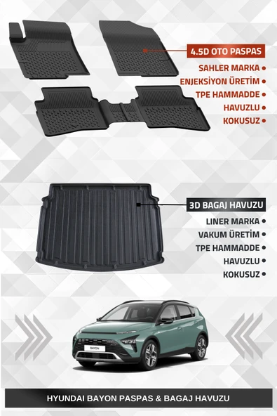 Sahler Hyundai Bayon 2021+ Uyumlu 4.5D Premium Havuzlu Paspas ve Liner Marka 3D Bagaj Havuzu ürün görseli 1