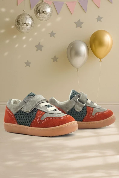 Rakerplus Bob Hakiki Deri Gri Yeşil Barefoot Cırtlı Lastikli Bebek Sneaker Ayakkabı ürün görseli 1